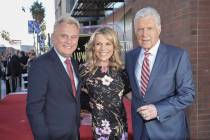 Pat Sajak, from left, Vanna White and Alex Trebek attend a ceremony honoring Harry Friedman wit ...