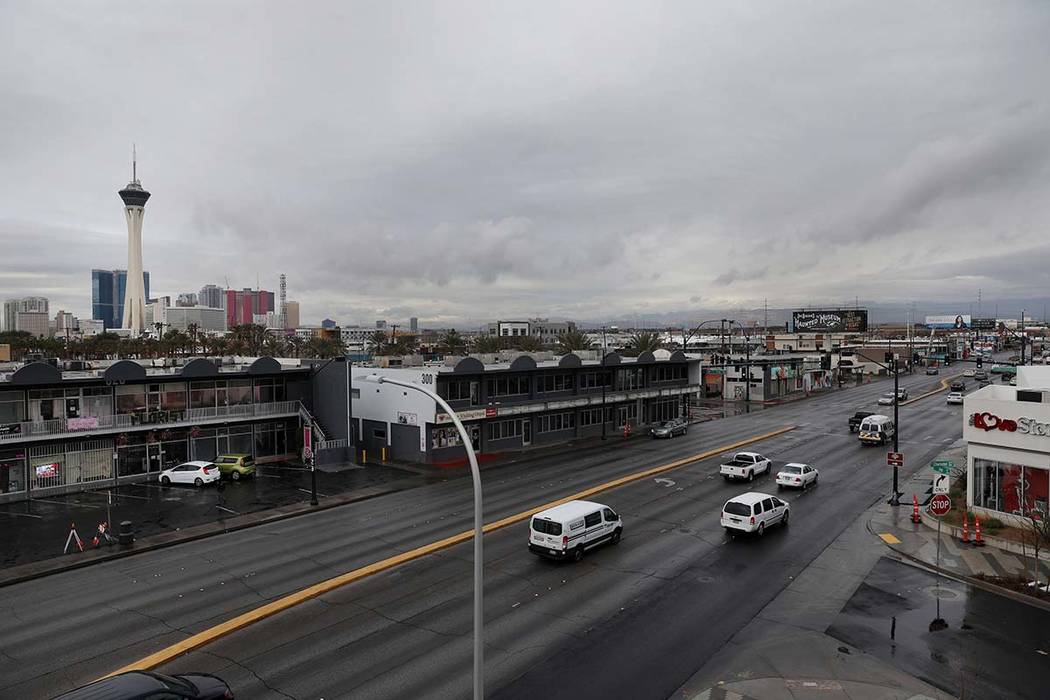 Cars commute in the Arts District in Las Vegas Tuesday morning, March 10, 2020. (Elizabeth Page ...