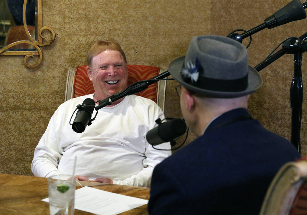 Las Vegas Raiders owner Mark Davis, left, speaks during his podcast with John Katsilometes on M ...