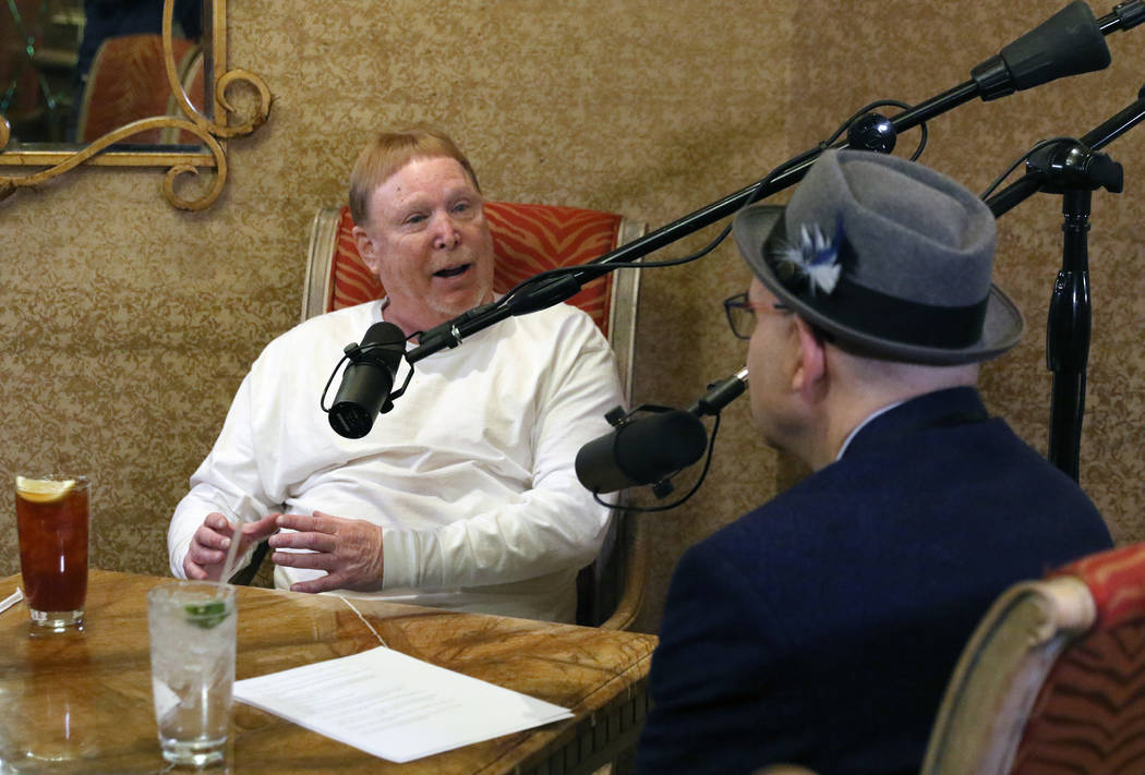 Las Vegas Raiders owner Mark Davis, left, speaks during his podcast with John Katsilometes on M ...