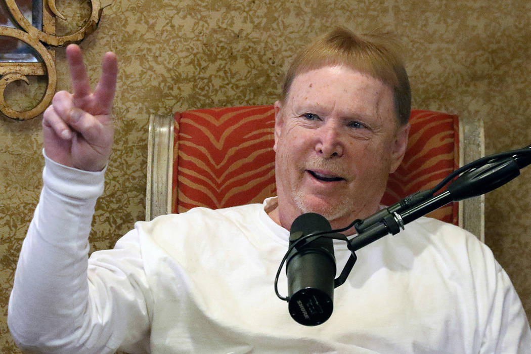 Las Vegas Raiders owner Mark Davis speaks during his podcast with John Katsilometes on Monday, ...