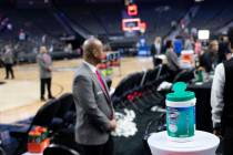 A container of Clorox wipes sits on top of Gatorade coolers during the Pac-12 tournament at T-M ...