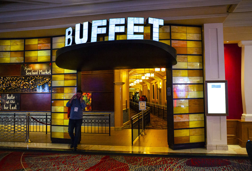 A man outside of the buffet at Bellagio in Las Vegas on Wednesday, March 11, 2020. (Chase Steve ...