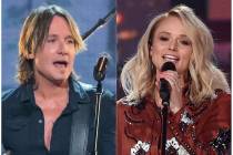 This combination photo shows Keith Urban performing at the 52nd annual CMA Awards in Nashville, ...