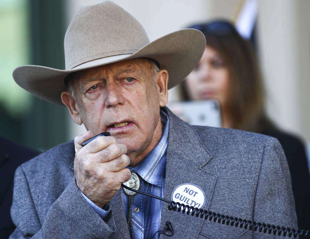 Rancher Cliven Bundy address supporters and journalists at Metropolitan Police Department headq ...