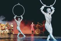 The aerial hoops act in "O," which celebrated its 10,000th performance at Bellagio on Sept. 1, ...