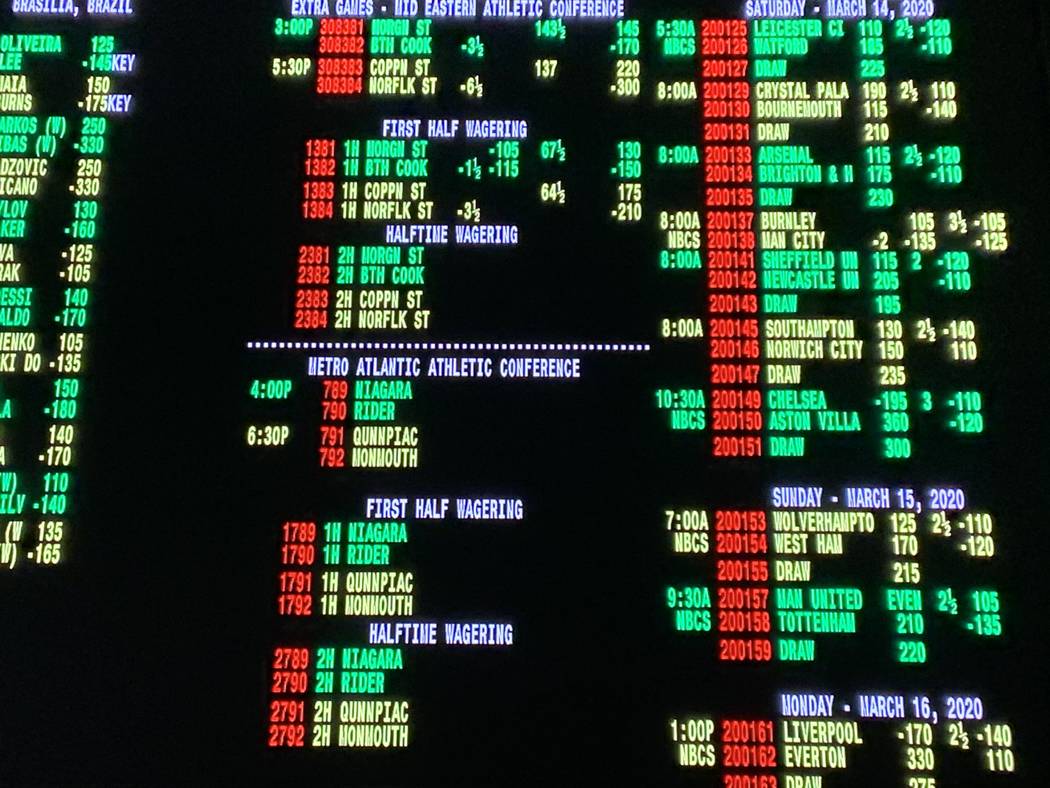 The betting board at the Green Valley Ranch Resort sportsbook on Thursday shows college basketb ...