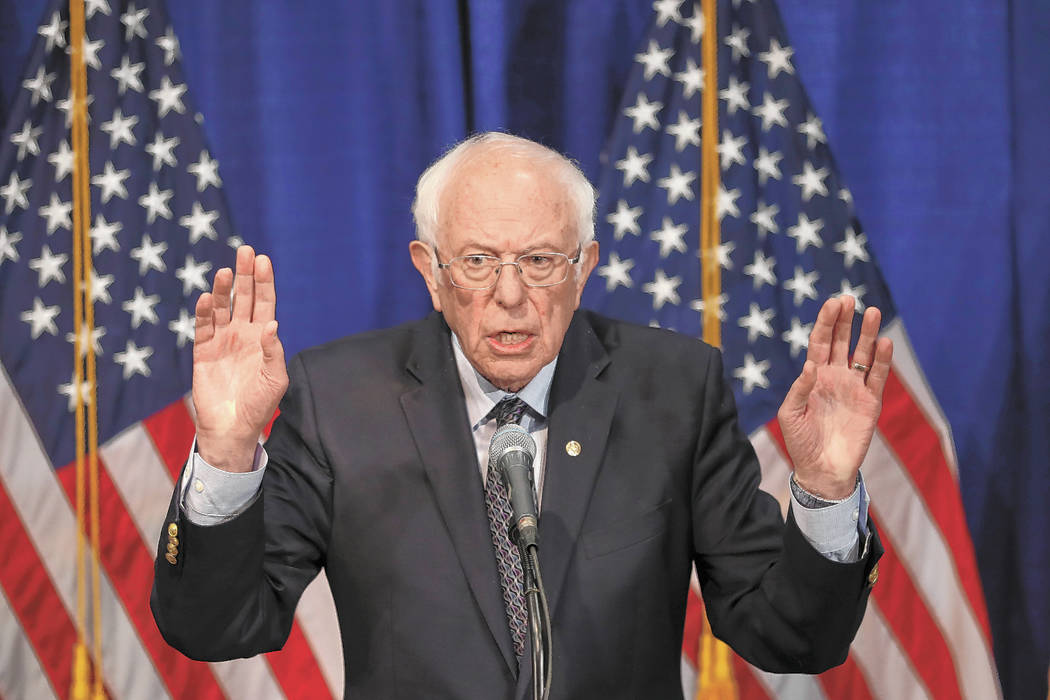Democratic presidential candidate, Sen. Bernie Sanders, I-Vt., speaks to reporters on Wednesday ...