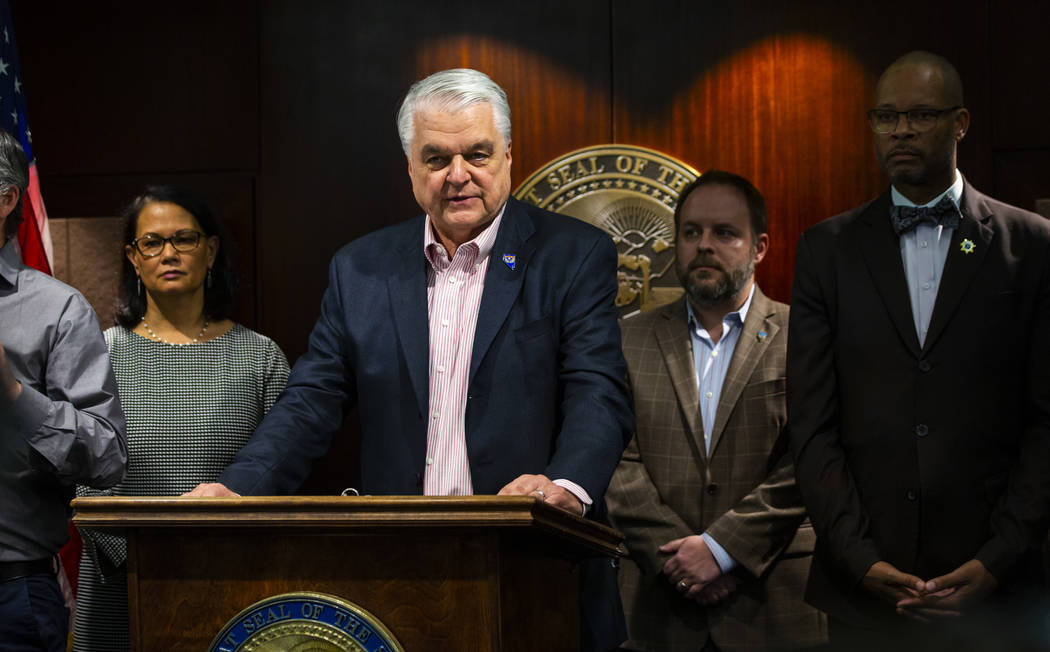 Gov. Steve Sisolak announces a state of emergency at the Sawyer Building in Las Vegas on Thursd ...