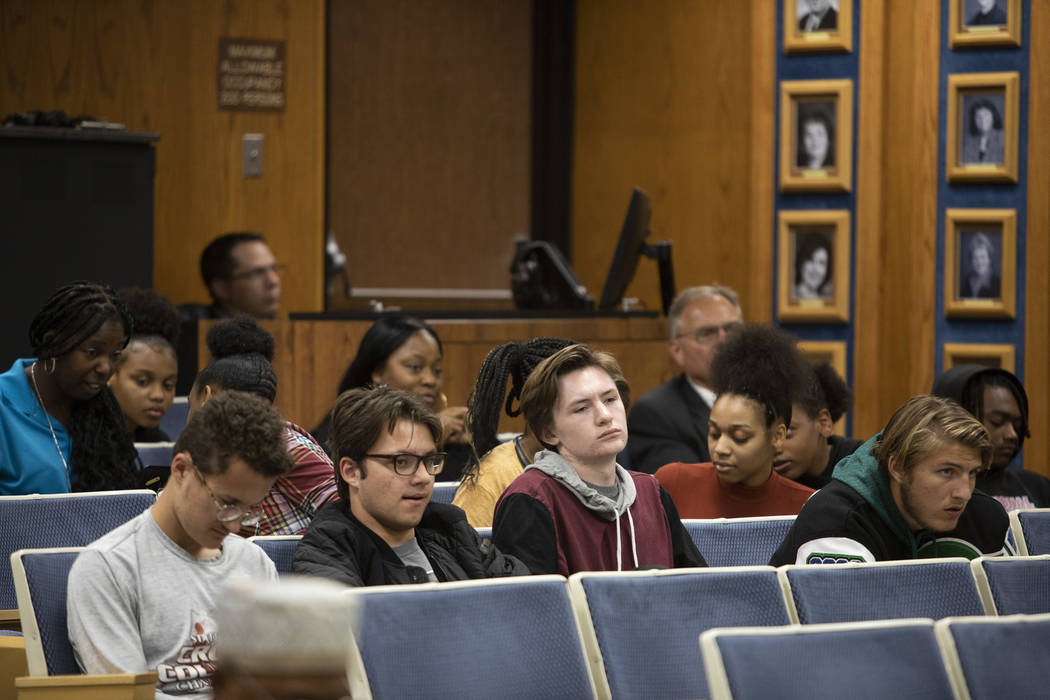 A group of students attended the CCSD Board of Trustees meeting to discuss COVID-19 at Edward A ...