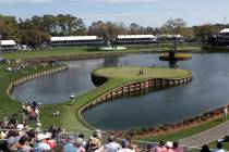 Cameron Champ, Nate Lashley, Kevin Tway and their caddies, walk the 17th green, during the firs ...