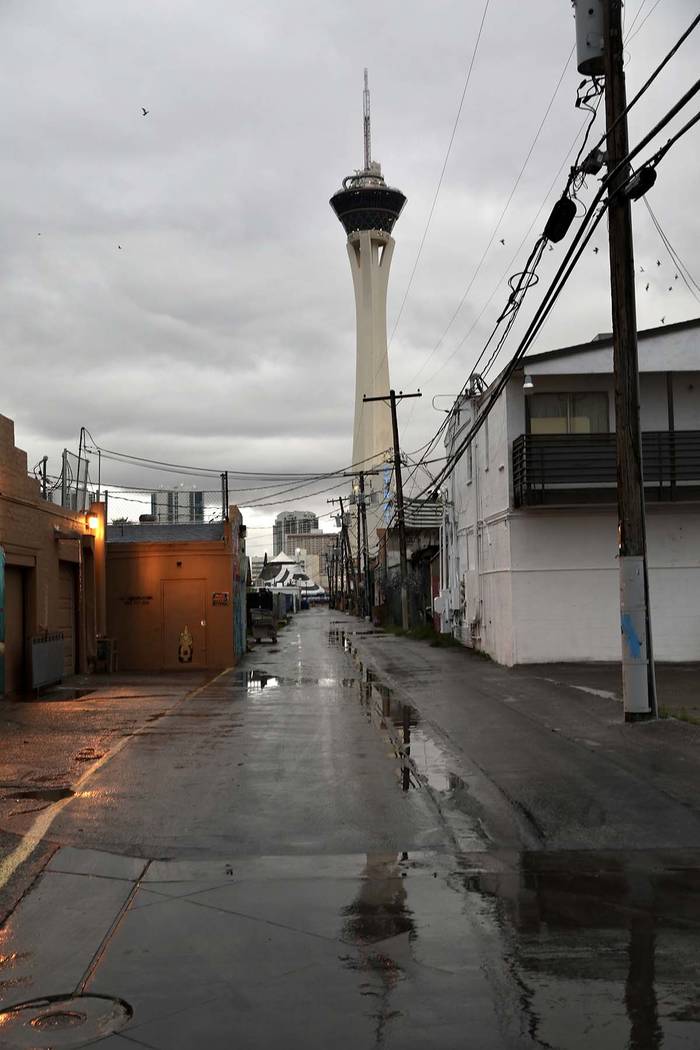 Downtown Las Vegas after overnight rain on Friday, March 13, 2020. (Elizabeth Page Brumley/Las ...