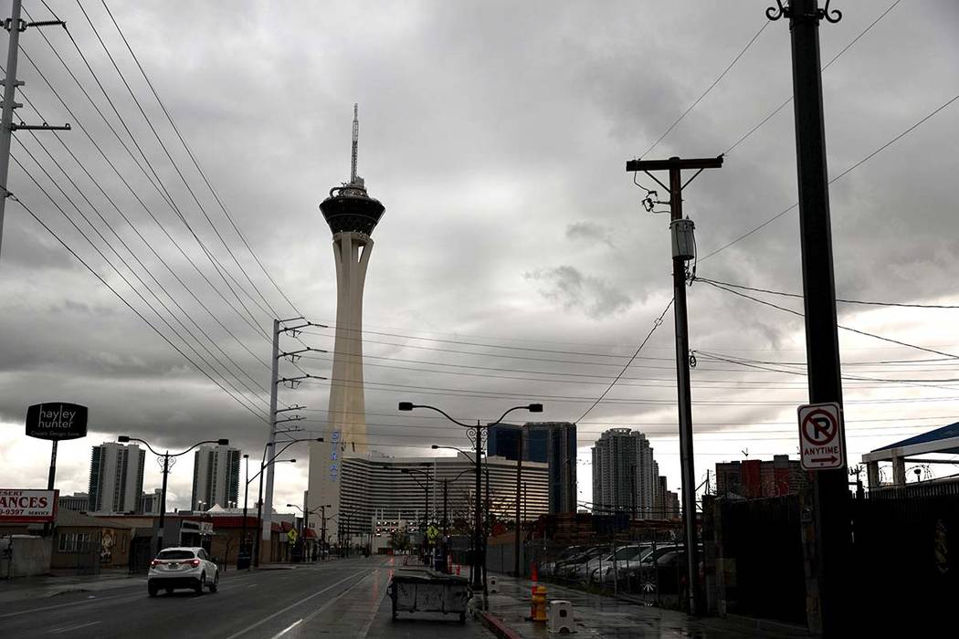 Downtown Las Vegas after overnight rain on Friday, March 13, 2020. (Elizabeth Page Brumley/Las ...