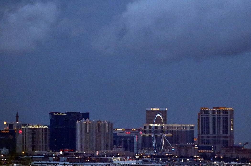 Clouds linger over the Las Vegas valley as seen from Seven Hills Drive on Friday, March 13, 202 ...