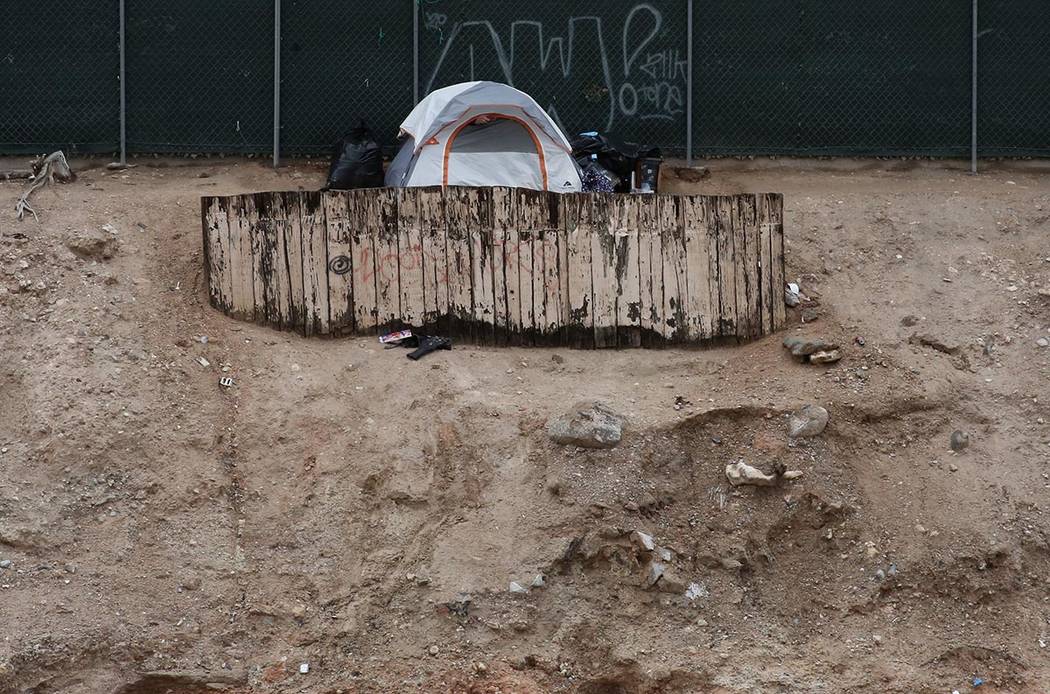 A homeless tent is seen near the Flamingo Wash on Cambridge Street near Flamingo Road on Friday ...