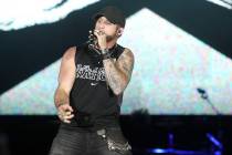 Brantley Gilbert salutes the crowd as he takes the stage during the Route 91 Harvest Festival a ...