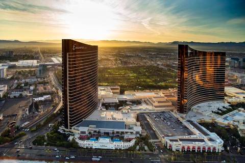 The Encore and Wynn during an aerial photo on Wednesday, Oct. 16, 2019, in Las Vegas. (L.E. Bas ...