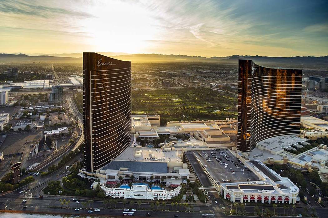 The Encore and Wynn during an aerial photo on Wednesday, Oct. 16, 2019, in Las Vegas. (L.E. Bas ...