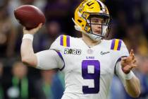 LSU quarterback Joe Burrow passes against Clemson during the second half of a NCAA College Foot ...