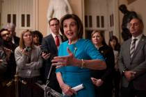 Speaker of the House Nancy Pelosi, D-Calif., makes a statement ahead of a planned late-night vo ...