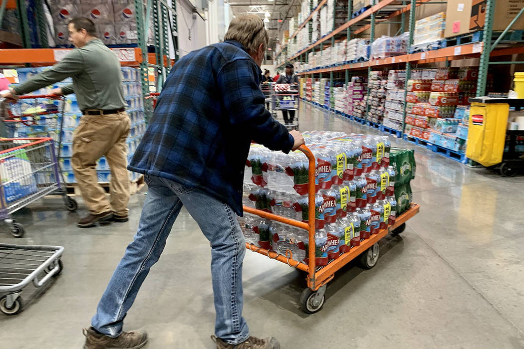 Shoppers visit a Costco Wholesale in Las Vegas on Monday, March 2, 2020. (David Guzman/Las Vega ...