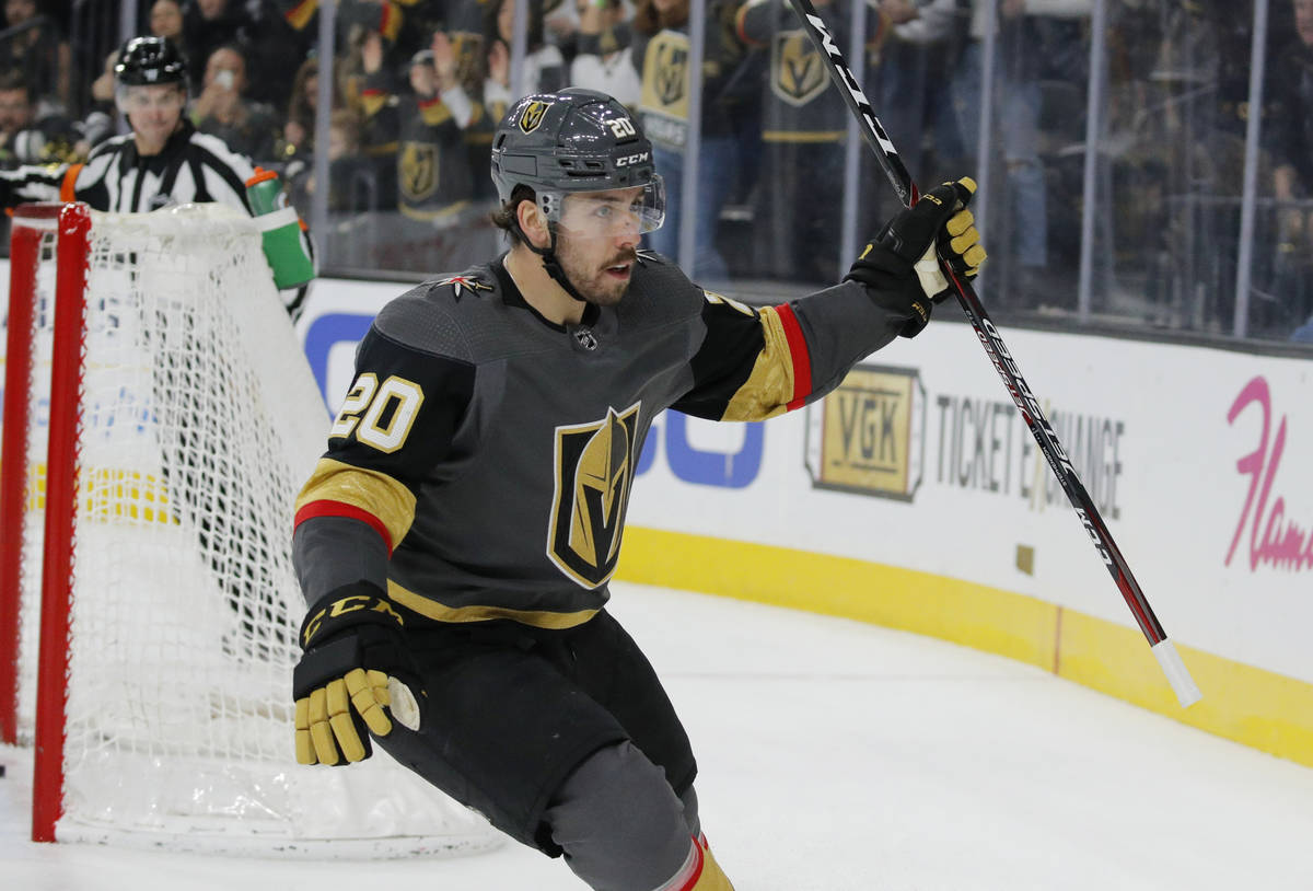 Vegas Golden Knights center Chandler Stephenson (20) celebrates after scoring against the St. L ...