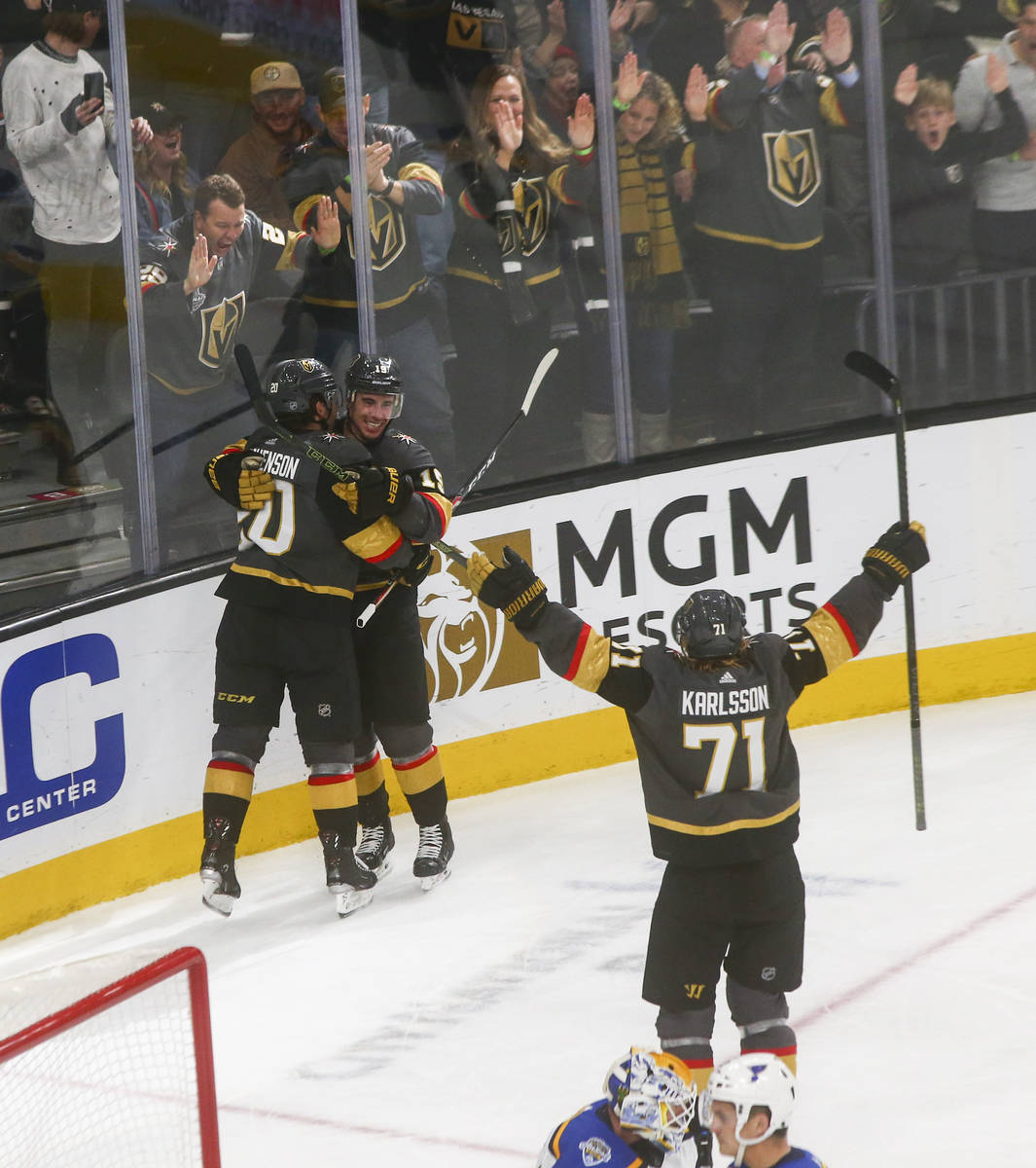 Golden Knights' Reilly Smith, second from left, celebrates his goal with Chandler Stephenson (2 ...