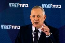 FILE - In this Saturday, March 7, 2020 file photo, Blue and White party leader Benny Gantz deli ...