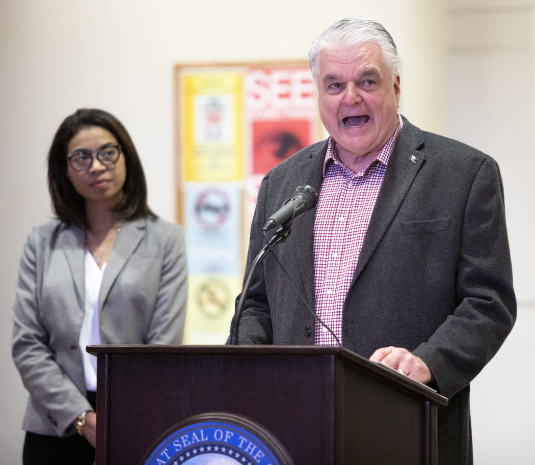 Gov. Steve Sisolak gives remarks on the COVID-19 situation at the Sawyer Building on Sunday, Ma ...