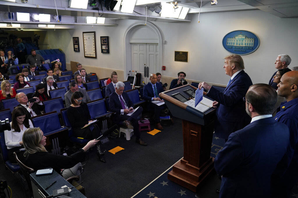 President Donald Trump speaks during a press briefing with the coronavirus task force, in the B ...