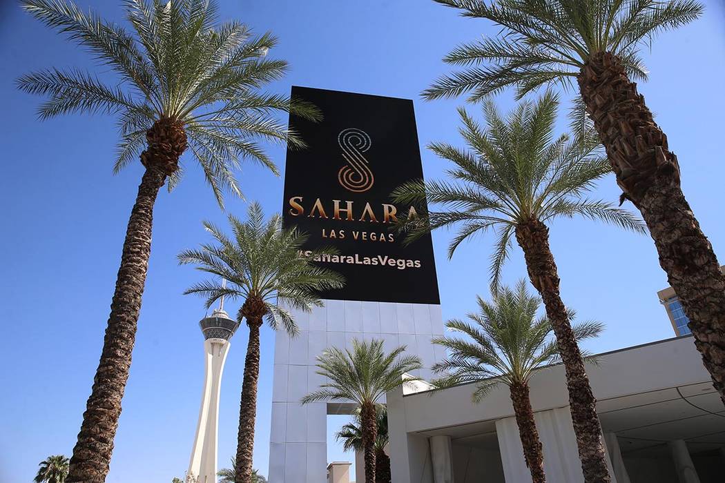A screen shows the new branding for Sahara Las Vegas hotel-casino, formerly SLS Las Vegas, in L ...