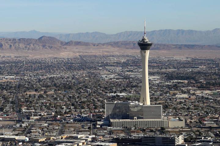 An aerial view of the Strat Hotel and Casino from the Goodyear blimp on Tuesday, Jan. 7, 2020. ...