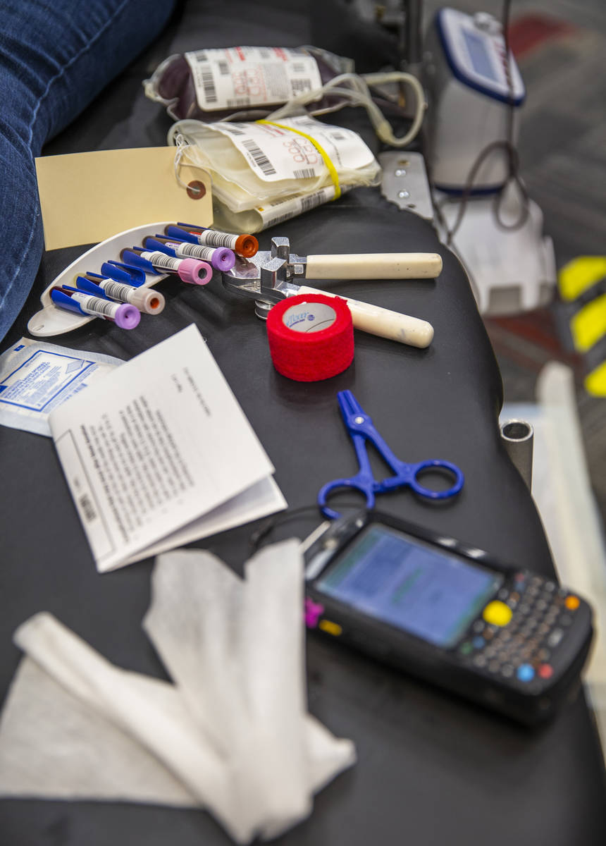 Blood donor supplies used by Red Cross team leader Darryl Thompson Jr., at the American Red Cro ...