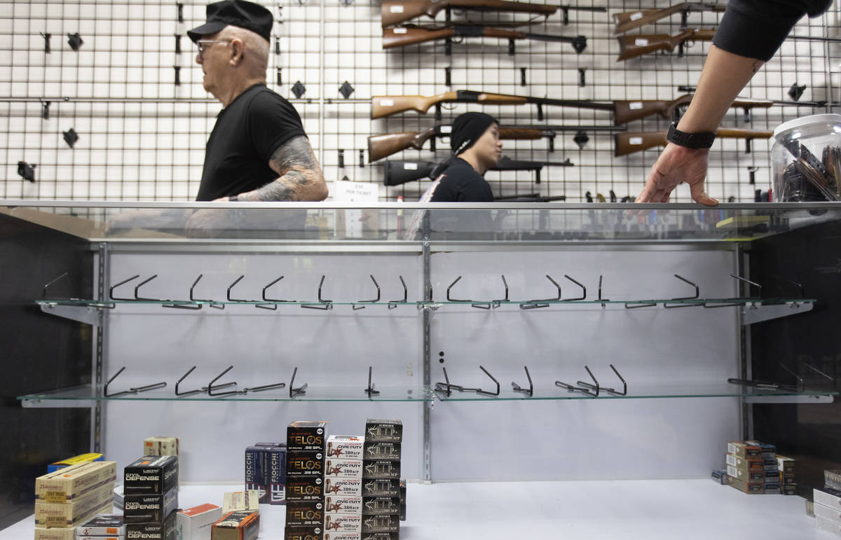 Shelves are low on ammunition and guns at 2nd Amendment Gun Shop on Tuesday, March 17, 2020, in ...