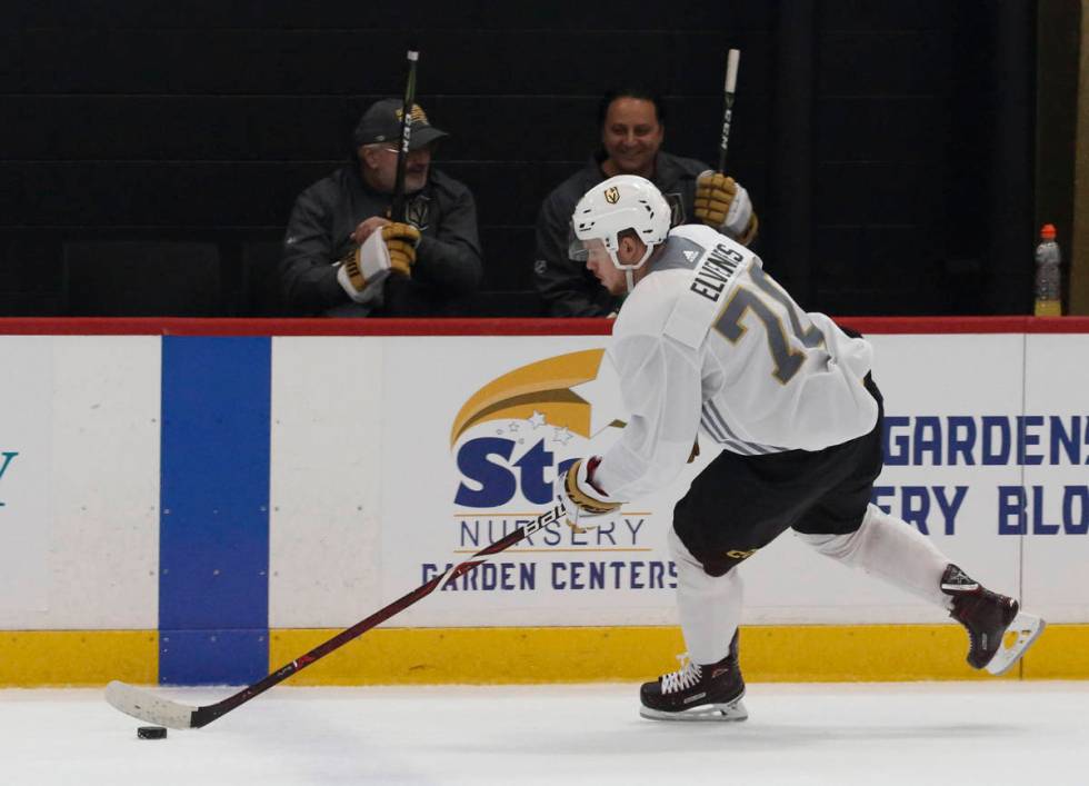 Golden Knights forward Lucas Elvenes skates with the puck during Knights rookie camp practice a ...