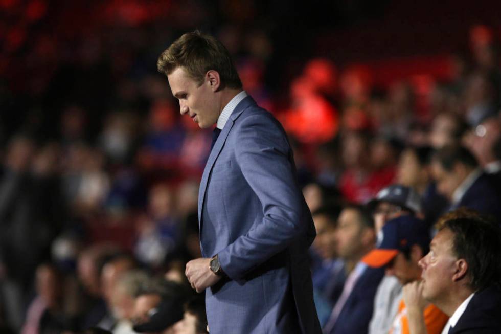 Vegas Golden Knights select Kaedan Korczak looks on during the second round of the NHL hockey d ...