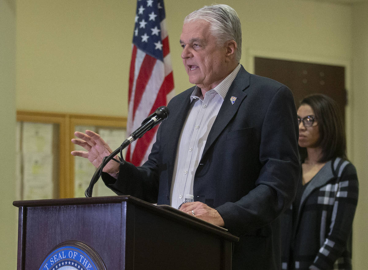 Gov. Steve Sisolak speaks during a press conference to announce the closure of all non-essentia ...