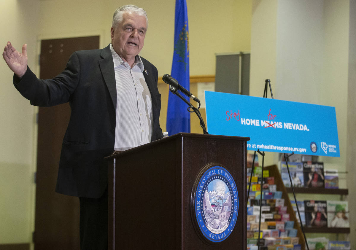 Gov. Steve Sisolak speaks during a press conference to announce the closure of all non-essentia ...