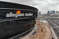 Aerial view of newly installed signage for Allegiant Stadium, future home of the Las Vegas Raid ...