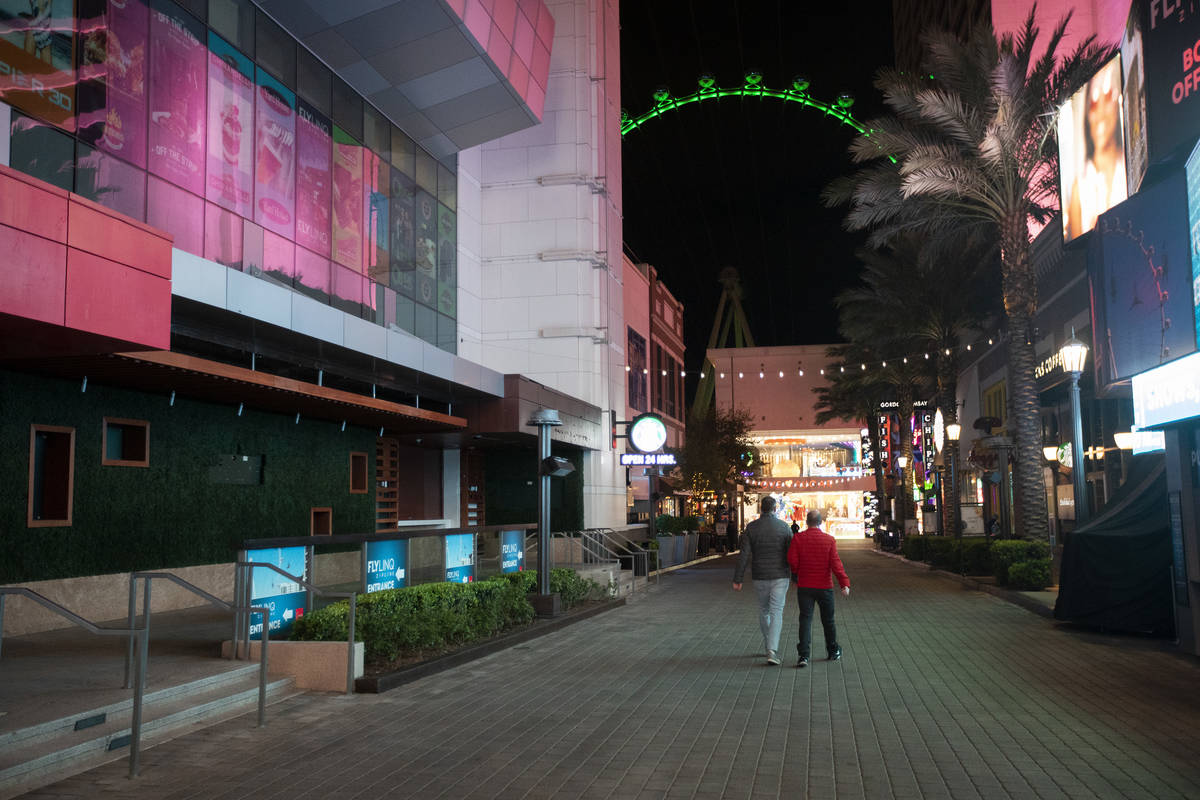 The LINQ Promenade is quiet on the Strip on Tuesday, March 17, 2020, in Las Vegas. (Ellen Schmi ...
