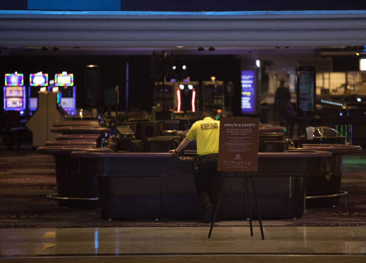 A security guard watches over the LINQ on the Strip on Tuesday, March 17, 2020, in Las Vegas. ( ...