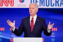 In a Sunday, March 15, 2020, file photo, former Vice President Joe Biden, participates in a Dem ...