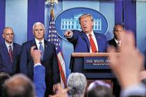 President Donald Trump takes questions during press briefing with the coronavirus task force, a ...