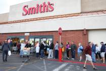 Seniors line up outside a Smith's store on Maryland Parkway on Wednesday, March 18, 2020, in La ...