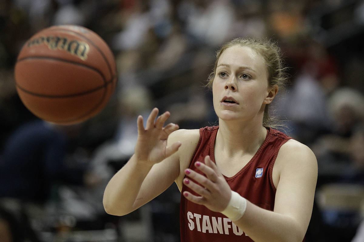 Stanford's Lindy La Rocque passes the ball during practice at the NCAA Women's Final Four colle ...