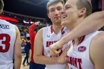 Belmont's Caleb Hollander (10) hugs Adam Kunkel (5) after the team's win over Murray State in a ...