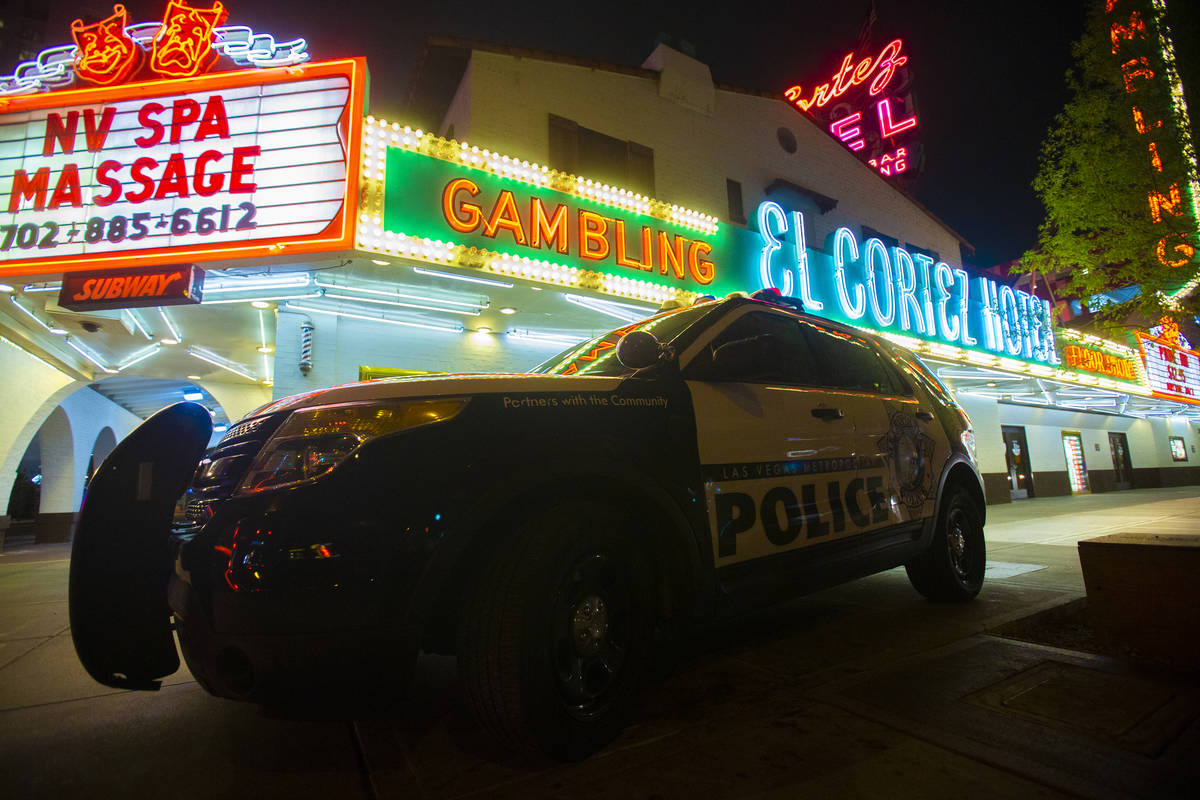 An unoccupied Metro vehicle is parked in front of the El Cortez in downtown Las Vegas on Thursd ...