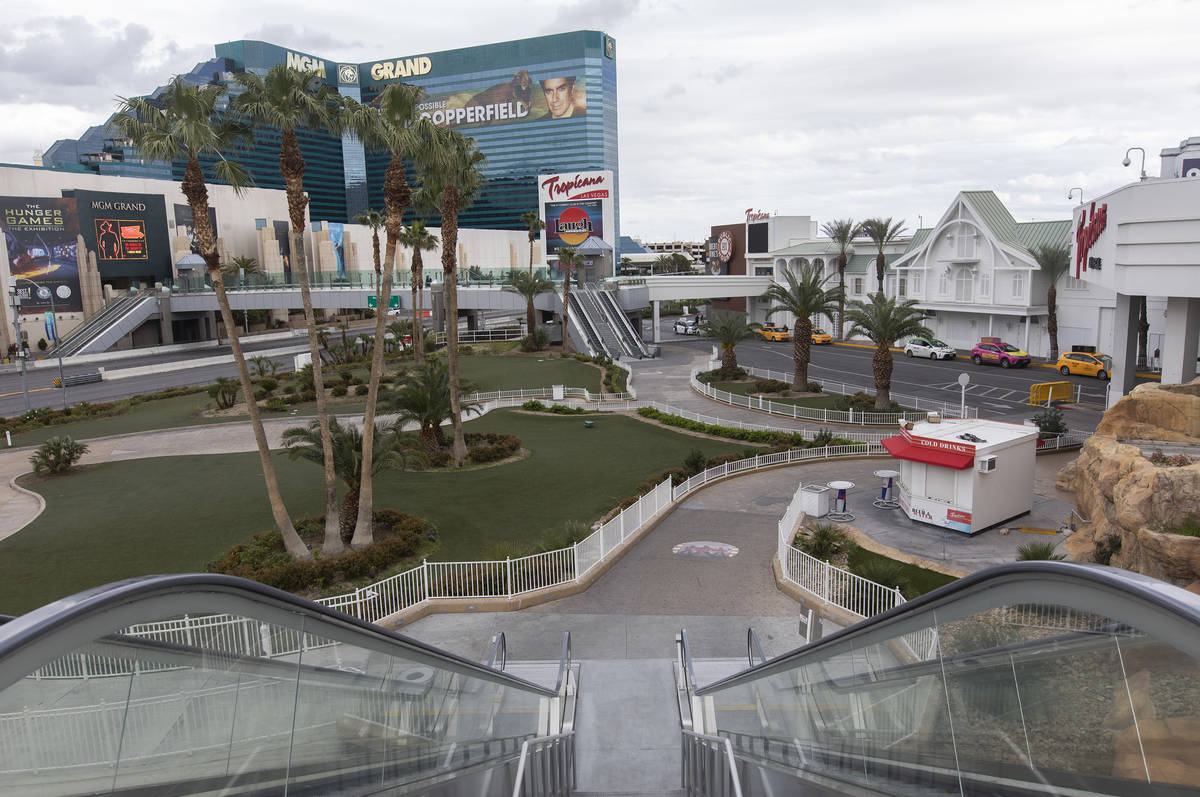 The courtyard outside of Tropicana is empty on Wednesday, March 18, 2020, in Las Vegas. (Ellen ...