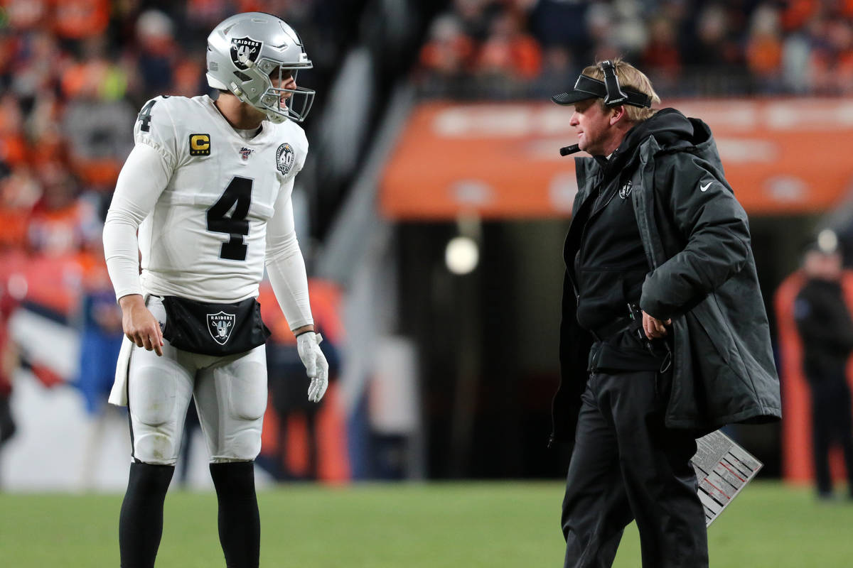 Oakland Raiders quarterback Derek Carr (4) and head coach Jon Gruden discuss a play call during ...