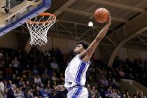 FILE - In this Oct. 30, 2019, file photo, Duke center Vernon Carey Jr. (1) drives to the basket ...